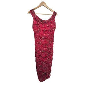 Leith Floral Ruched Bodycon Dress Size L – Red Midi Tank Dress Cottagecore Roman
